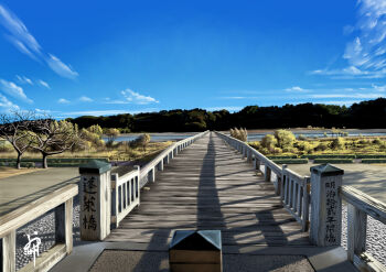 absurdres bare_tree blue_sky bridge bush cloud commentary_request day fence grass highres no_humans open_gate original outdoors princeeugen2 river scenery shadow sky tree wooden_fence