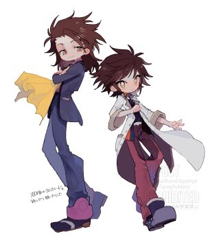 Rule 34 | 2boys, absurdres, alvin (tales), belt, black hair, black shirt, black shoes, black suit, blush, bright pupils, brown eyes, brown hair, brown pants, chibi, chibi only, clenched hand, closed mouth, coat, commentary request, crossed arms, facial hair, formal clothes, full body, goatee, grey belt, highres, jude mathis, lab coat, looking at another, male focus, medium hair, multiple boys, nancykittyu, necktie, pants, purple shirt, shirt, shoes, short hair, simple background, smile, suit, tales of (series), tales of xillia, tales of xillia 2, translation request, white background, white coat, white pupils, yellow necktie