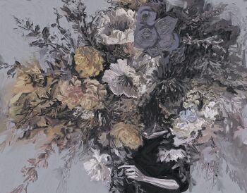 1other ambiguous_gender black_shirt censored censored_identity covered_face flower flower_request highres holding holding_flower original revol4357 shirt skinny solo standing t-shirt too_many_flowers upper_body