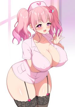 1girl ahoge aikome_(haikome) blunt_bangs blush breasts cleavage covered_erect_nipples curvy garter_straps hair_ornament happy hat heart heart-shaped_pupils heart_hair_ornament highres huge_breasts lace lace-trimmed_legwear lace_trim looking_at_viewer nurse nurse_cap ok_sign open_mouth original pink_eyes pink_hair smile solo symbol-shaped_pupils thick_thighs thighhighs thighs twintails wide_hips