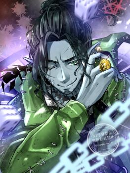 1boy beard black_hair caspicaviar chain chinstrap_beard closed_mouth coin collared_shirt colored_skin curtained_hair dice facial_hair facial_scar green_eyes green_jacket grey_skin high_ponytail highres holding holding_coin hood hooded_jacket jacket male_focus mature_male neck_tattoo one_eye_closed patterned_background ponytail scar scar_on_cheek scar_on_face scar_on_forehead scar_on_mouth shirt short_ponytail smile solo swing_(twisted_wonderland) tattoo twisted_wonderland upper_body watermark white_shirt