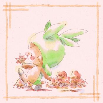 autumn autumn_leaves blush border chespin ef74 from_side full_body gen_6_pokemon highres holding holding_leaf leaf mixed-language_commentary nintendo no_humans pokemon pokemon_(creature) pokemon_focus solo tree walking