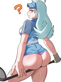 1girl ? ahoge aqua_hair ass ass_focus blue_eyes blush breasts dress from_behind gloves golf_club hat highres huge_ass kahili_(pokemon) long_hair looking_at_viewer medium_breasts nintendo pokemon pokemon_sm short_dress sideboob single_glove solo thong ytrall