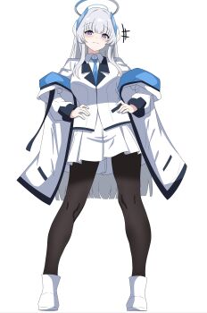 1girl absurdres black_pantyhose blue_archive blue_necktie boots choon_sik2 commentary_request grey_hair halo highres jacket korean_commentary looking_at_viewer mechanical_ears mechanical_halo necktie noa_(blue_archive) pantyhose purple_eyes shirt simple_background skirt solo white_background white_boots white_jacket white_shirt white_skirt