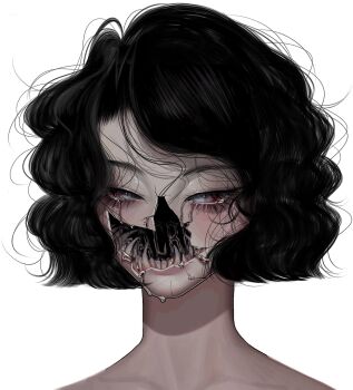 1girl aegyo_sal black_hair bob_cut body_horror commentary cracked_skin english_commentary extra_teeth facing_viewer highres looking_to_the_side no_shirt original porcelain portrait red_eyes sacrilaig sharp_teeth short_hair teeth wavy_hair