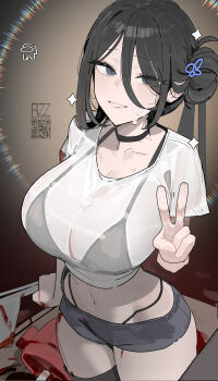 Rule 34 | 1girl, among us, azz0422, bikini, bikini under clothes, black bikini, black collar, black eyes, black hair, black shorts, breasts, collar, commentary, cowboy shot, denim, denim shorts, english commentary, hair bun, highres, original, see-through clothes, see-through shirt, shirt, short shorts, shorts, sweat, swimsuit, v, white shirt