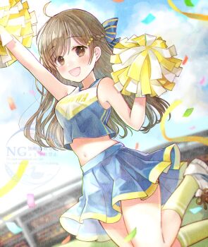 1girl :d ahoge arm_up armpits bare_shoulders blue_bow blue_skirt blurry blurry_background blush bow braid breasts brown_eyes brown_hair cheerleader clothes_writing cloud commentary_request commission confetti crop_top crop_top_overhang day gold_trim green_socks hair_bow hair_ornament hair_ribbon half_up_braid hand_up highres holding holding_pom_poms jumping legs_up long_hair looking_at_viewer medium_breasts midriff miniskirt navel open_mouth original outdoors pleated_skirt pom_pom_(cheerleading) pom_poms ribbon shoes single_braid skeb_commission skirt smile socks solo stadium star_(symbol) star_hair_ornament striped_bow tententuyu watermark wavy_hair white_shoes yellow_ribbon