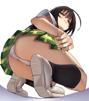 1girl ass black_hair blush commentary_request from_below from_side frown fu-ta full_body green_skirt kneehighs kotegawa_yui long_hair looking_at_viewer looking_back miniskirt panties pleated_skirt sainan_high_school_uniform school_uniform shirt skirt socks solo squatting thighs tiptoes to_love-ru underwear very_long_hair white_panties white_shirt yellow_eyes