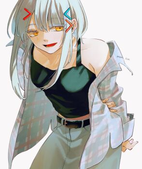 Rule 34 | 1girl, :d, arms behind back, artist name, belt, belt buckle, black belt, black camisole, breasts, buckle, camisole, collarbone, grey skirt, hair between eyes, hair ornament, hairclip, hand on own arm, highres, ice morinaka, jacket, long sleeves, lower teeth only, medium breasts, open clothes, open jacket, open mouth, original, plaid clothes, plaid jacket, short hair with long locks, simple background, skirt, smile, solo, teeth, white background, white hair, yellow eyes