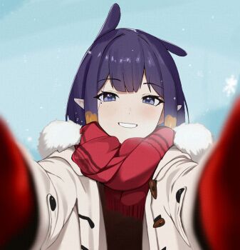 1girl alternate_costume blue_eyes blunt_bangs center-flap_bangs coat commentary duffel_coat english_commentary fur-trimmed_coat fur_trim gloves gradient_hair grin highres hololive hololive_english ku_roiko light_blush long_hair looking_at_viewer meme mole mole_under_eye multicolored_hair ninomae_ina'nis open_clothes open_coat orange_hair outdoors pointy_ears pov pov_cheek_warming_(meme) purple_eyes purple_hair reaching reaching_towards_viewer red_gloves red_scarf scarf sidelocks smile snowflakes snowing solo tentacle_hair virtual_youtuber white_coat winter_clothes
