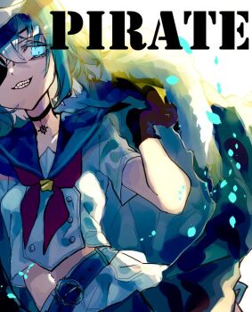 1girl blue_eyes blue_hair blue_sailor_collar brown_gloves buttons commentary_request eyepatch gloves grin looking_at_viewer midriff murasa_minamitsu navel neckerchief one-hour_drawing_challenge red_neckerchief sailor_collar shinjitsu_no_kuchi shirt short_hair short_sleeves shorts smile solo touhou upper_body white_shirt white_shorts