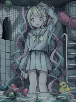 1girl :d arm_up balloon blonde_hair blue_bow blue_eyes blue_hair blue_skirt blush bow bowtie chouzetsusaikawa_tenshi-chan hair_bow hair_ornament highres indoors iridescent_clothes long_hair long_sleeves looking_at_viewer multicolored_hair multiple_hair_bows muted_color needy_girl_overdose open_mouth partially_submerged pink_bow pink_hair pleated_skirt pool pool_ladder quad_tails rubber_duck sailor_collar school_uniform serafuku shirt skirt smile solo standing tile_wall tiles very_long_hair wading water yellow_bow yellow_bowtie yukitomo_(motcha111)