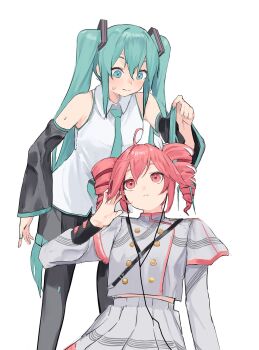 2girls ahoge aqua_eyes aqua_hair bare_shoulders black_footwear black_skirt boots buttons detached_sleeves double-breasted drill_hair grey_jacket grey_skirt hair_ribbon hatsune_miku headphones highres jacket kasane_teto kasane_teto_(sv) long_hair looking_at_another multiple_girls pleated_skirt pocche-ex red_eyes red_hair ribbon shirt simple_background skirt sleeveless sleeveless_shirt sweatdrop synthesizer_v thigh_boots twin_drills twintails utau very_long_hair vocaloid white_background white_ribbon white_shirt wire