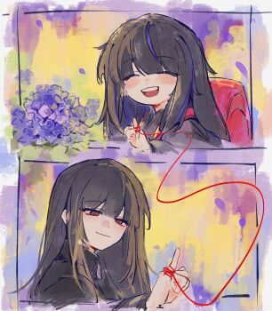 2girls :d absurdres araya_(project_moon) backpack bag black_hair blush flower highres hydrangea limbus_company long_hair mother_and_daughter multicolored_hair multiple_girls munh422 open_mouth project_moon randoseru red_eyes ryoshu_(project_moon) sidelocks smile streaked_hair string string_of_fate teeth upper_teeth_only