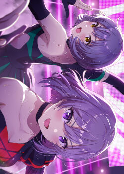 2girls :d absurdres ayano_yuu_(sonma_1426) black_choker black_dress bob_cut breasts choker cleavage collarbone dress elbow_gloves from_side gloves green_dress grey_hair hair_between_eyes hand_up highres idoly_pride igawa_aoi jumbotron kanzaki_rio looking_at_viewer medium_breasts multiple_girls open_mouth outstretched_arm partially_fingerless_gloves purple_eyes red_dress screen short_hair sideways smile stage_lights strapless strapless_dress sweat two-tone_dress upper_body yellow_eyes