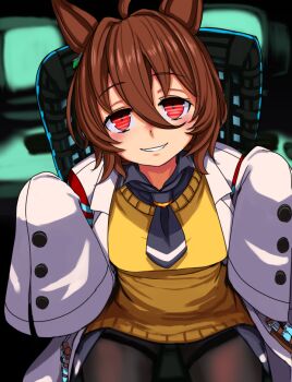 1girl agnes_tachyon_(umamusume) ahoge animal_ears ascot black_ascot black_pantyhose breasts brown_hair chair commentary_request gumakara hair_intakes horse_ears horse_girl lab_coat medium_breasts pantyhose red_eyes sitting sleeves_past_fingers sleeves_past_wrists smile solo striped_irises sweater test_tube umamusume yellow_sweater