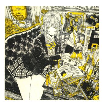 1girl antique_phone black_jacket book book_stack bow bowtie collared_shirt cup drinking_straw earrings expressionless food hair_ribbon highres holding holding_drinking_straw ice_cream jacket jewelry kitamurashu long_hair long_sleeves looking_at_viewer menu monochrome open_book original phone plaid_clothes plaid_skirt pleated_skirt ribbon rotary_phone shirt skirt solo spot_color striped_bow striped_bowtie striped_clothes sweater table thighs traditional_media twintails white_hair white_shirt white_sweater window yellow_bow yellow_bowtie yellow_eyes yellow_nails yellow_ribbon yellow_theme