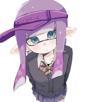 1girl blue_eyes blue_skirt blush bow bowtie collared_shirt commentary hat inkling inkling_girl inkling_player_character kin_sou long_hair looking_at_viewer nintendo pleated_skirt pointy_ears print_hat purple_hair purple_hat shirt simple_background skirt solo splatoon_(series) splatoon_3 standing striped_bow striped_bowtie striped_clothes tentacle_hair visor_cap white_background