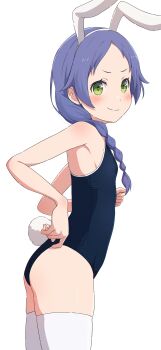 >:) 1girl absurdres animal_ears bare_arms bare_shoulders blue_hair blush body_blush braid braided_ponytail clenched_hand closed_mouth cowboy_shot eyelashes fake_animal_ears fake_tail flat_chest from_side green_eyes hair_over_shoulder highres long_hair meili_portroute na-suke parted_bangs playboy_bunny playboy_bunny_swimsuit rabbit_ears rabbit_tail re:zero_kara_hajimeru_isekai_seikatsu school_swimsuit simple_background single_braid smile solo swimsuit tail thighhighs v-shaped_eyebrows white_background white_thighhighs