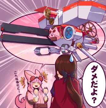 2girls brown_hair cape dendrobium_schema emphasis_lines fate/grand_order fate_(series) habetrot_(fate) hat highres leonardo_da_vinci_(fate) leonardo_da_vinci_(fate/grand_order) leonardo_da_vinci_(rider)_(fate) leonardo_da_vinci_(rider)_(first_ascension)_(fate) long_hair low_ponytail multiple_girls pink_hair pointy_ears ponytail spinning_wheel spool taru_neko