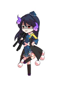 1girl black_socks blue_dress blue_hair blue_shoes chibi chibi_only coat commentary_request dairi dress frilled_dress frills full_body gem geta hat holding holding_tripod iizunamaru_megumu kneehighs large_variant_set long_hair pointy_ears pom_pom_(clothes) purple_shoes red_eyes ribbon_trim shaded_face shoes shoulder_guard simple_background sleeveless sleeveless_coat socks solo standing standing_on_one_leg tachi-e tengu tengu-geta tokin_hat touhou transparent_background tripod variant_set