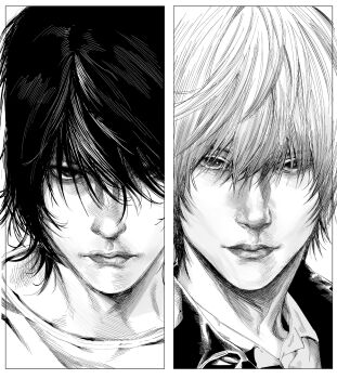 2boys bags_under_eyes black_hair black_jacket border closed_mouth collared_shirt commentary death_note hair_between_eyes highres jacket l_(death_note) male_focus messy_hair multiple_boys no_eyebrows realistic ruttika_shin shirt short_hair symbol-only_commentary upper_body white_background white_border white_shirt yagami_light