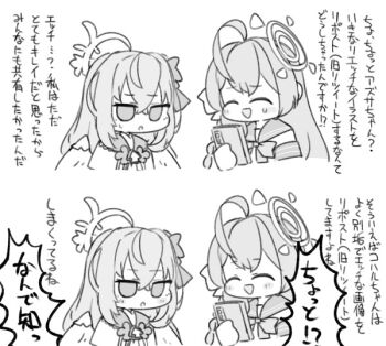 2girls :d :o ^_^ ahoge azusa_(blue_archive) blue_archive blush_stickers bow braid cellphone chibi closed_eyes cropped_torso greyscale hair_between_eyes halo hanako_(blue_archive) holding holding_phone long_hair miranofuudoria monochrome multiple_girls open_mouth parted_lips phone sailor_collar school_uniform serafuku shirt short_sleeves small_sweatdrop smile sweat translation_request upper_body white_background wings