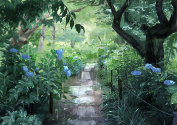 absurdres blue_flower bush day flower highres hydrangea no_humans okurasato original outdoors path rain road scenery watermark