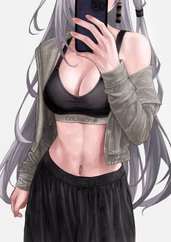 1girl alternate_costume black_pants black_sports_bra breasts cellphone commentary covering_face cowboy_shot english_commentary grey_hair grey_jacket highres holding holding_phone hololive hololive_indonesia jacket large_breasts long_hair long_sleeves navel off_shoulder open_clothes open_jacket pants phone phone_over_face single_bare_shoulder smartphone solo sports_bra standing sweatpants unmeidesu very_long_hair vestia_zeta virtual_youtuber