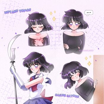 1girl bare_shoulders bishoujo_senshi_sailor_moon black_shirt blunt_ends bow bowtie character_name choker circlet commentary english_commentary highres miniskirt multiple_persona purple_choker purple_eyes purple_skirt red_bow red_bowtie sailor_saturn sailor_senshi_uniform shirt skirt smile stargirlseed tomoe_hotaru white_shirt