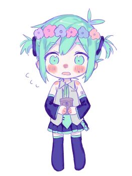1boy antenna_hair arm_tattoo bare_shoulders basil_(headspace)_(omori) basil_(omori) black_boots black_skirt black_sleeves blue_flower blush boots chibi chibi_only child collared_shirt cosplay crossdressing crossdressing_(mtf) detached_sleeves flower flower_pot flower_wreath flying_sweatdrops full_body green_eyes green_hair green_necktie green_trim grey_shirt hair_between_eyes hatsune_miku hatsune_miku_(cosplay) head_wreath highres holding holding_flower_pot long_sleeves makucrp male_focus miniskirt necktie number_tattoo omori open_mouth orange_flower pink_flower plant pleated_skirt potted_plant shirt short_hair short_twintails simple_background skirt sleeveless sleeveless_shirt solo standing straight-on sweatdrop tattoo thigh_boots thighhighs tie_clip twintails vocaloid white_background zettai_ryouiki