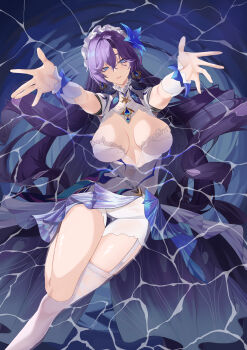 1girl absurdres blue_eyes blue_flower breasts breasts_apart cantarella_(wuthering_waves) chinese_commentary cleavage commentary_request dress earrings facial_mark flower from_above garter_straps hair_between_eyes hair_flower hair_ornament highres jewelry large_breasts leien-l long_hair looking_at_viewer maid_headdress mark_under_eye outstretched_arms parted_lips partially_submerged purple_hair shorts shrug_(clothing) single_thighhigh solo thighhighs very_long_hair wet wet_clothes white_dress white_garter_straps white_shorts white_shrug white_thighhighs wuthering_waves