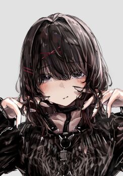 Rule 34 | 1girl, absurdres, black choker, black eyes, black hair, black shirt, blush, borrowed character, choker, closed mouth, commentary request, hair between eyes, hair ornament, hairclip, hands up, highres, looking at viewer, medium hair, no name ver1, parallel hairclips, shirt, simple background, solo, upper body, vrchat, white background, x hair ornament