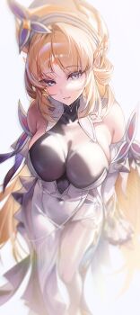 1girl absurdres bare_shoulders blonde_hair blush breasts chun_nam commentary covered_navel detached_sleeves dress from_above genshin_impact hat highres large_breasts long_hair long_sleeves looking_at_viewer nicole_(genshin_impact) parted_lips pointy_ears revision simple_background sitting smile solo untranslatable_commentary white_dress