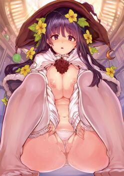 1girl :< black_hair book bookshelf breasts capelet cleavage crescent_moon duplicate female_focus flower flower_wreath fur_trim hair_between_eyes hat large_breasts long_sleeves looking_at_viewer moon navel nipples no_pants no_shoes open_mouth panties partially_visible_vulva potion purple_eyes pussy_juice shiokonbu solo spread_legs underwear vial white_legwear witch_hat