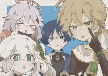 &gt;_&lt; 2boys 2girls :p aether_(genshin_impact) akanbe black_bodysuit black_gloves black_hair black_sleeves blonde_hair blue_background blue_cape blunt_ends blush_stickers bodysuit border bright_pupils cape chest_jewel closed_eyes cross-shaped_pupils diamond_hair_ornament earrings eyelid_pull eyeliner eyeshadow facing_viewer finger_to_cheek finger_to_eye gem genshin_impact gloves gold_halo gold_trim green_eyes green_gemstone grey_eyes hair_between_eyes halo highres index_finger_raised japanese_clothes jewelry kimono light_blush long_hair makeup mechanical_halo multiple_boys multiple_girls nahida_(genshin_impact) open_mouth paimon_(genshin_impact) pointy_ears red_eyeliner red_eyeshadow scaramouche_(genshin_impact) scarf short_hair short_sleeves shoulder_peek side_ponytail sidelocks sweatdrop symbol-shaped_pupils tongue tongue_out turtleneck turtleneck_bodysuit wanderer_(genshin_impact) white_border white_hair white_kimono white_pupils white_scarf wispy_bangs yellow_eyes zattasyanko