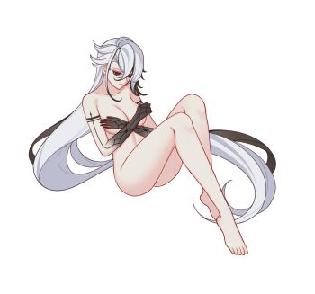 1girl arlecchino_(genshin_impact) black_hands black_streaks breasts charlie_purrito cleavage closed_mouth collarbone colored_extremities commentary completely_nude covering_breasts covering_privates english_commentary feet full_body genshin_impact hair_between_eyes highres invisible_chair large_breasts long_hair multicolored_hair nude red_pupils simple_background sitting solo streaked_hair symbol-shaped_pupils toenails toes very_long_hair white_background white_hair x-shaped_pupils