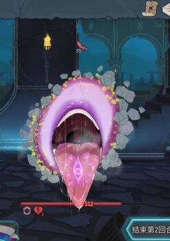 1girl absurdres colored_skin commentary_request dogma_zzzz doormaker_(slay_the_spire) fake_screenshot gameplay_mechanics health_bar highres map mouth_focus open_mouth portal_(object) purple_lips purple_skin saliva simple_background slay_the_spire slay_the_spire_2 solo sword the_watcher_(slay_the_spire) tongue tongue_out uvula weapon