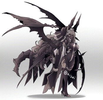 Rule 34 | 1girl, black veil, breasts, brown eyes, cleavage, commentary request, dark-skinned female, dark skin, demon girl, demon horns, demon tail, expressionless, from side, full body, grey background, grey hair, grey leotard, grey shoes, groin, high heels, highleg, highleg leotard, hisui (syarute), horns, large breasts, leotard, long hair, open mouth, original, oversized wings, shoes, sideboob, simple background, solo, stiletto heels, tail, veil, very long hair, wings