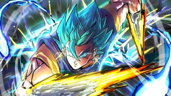 Rule 34 | 1boy, arm blade, blue eyes, blue hair, blue shirt, commentary request, dougi, dragon ball, dragon ball super, earrings, energy ball, eye trail, flying, gloves, highres, jewelry, light trail, medium hair, motion blur, motion lines, muscular, muscular male, orange shirt, potara earrings, ryo lovevegito, shirt, sketch, smear frame, solo, speed lines, spiked hair, super saiyan, super saiyan blue, vegetto, weapon, white gloves