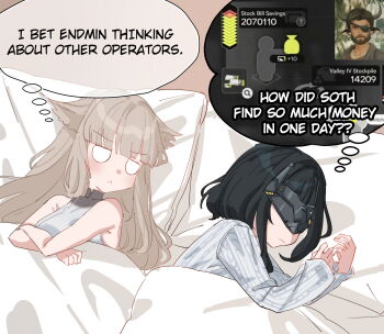 2girls :< arknights arknights:_endfield bare_shoulders bed black_hair blunt_bangs commentary crossed_arms dreaming dress endministrator_(arknights) english_commentary english_text expressionless eye_mask female_endministrator_(arknights) grey_hair highres i_bet_he's_thinking_about_other_women_(meme) looking_at_another mask meme multiple_girls perlica_(arknights) pillow rayno ribbed_sweater screenshot_inset sleeping sleeveless sleeveless_dress solid_eyes speech_bubble spoken_object sweater thought_bubble under_covers upper_body white_dress white_eyes white_sweater