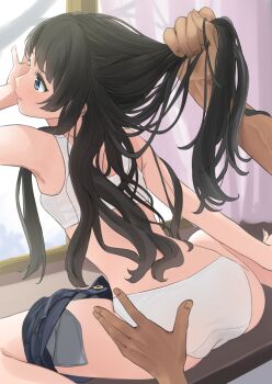 1boy 1girl against_window ass blue_eyes blue_shorts bra breasts brown_hair clothes_pull curtains denim denim_shorts expressionless feet_out_of_frame grabbing_another&#039;s_ass grabbing_another&#039;s_hair groping holding_another&#039;s_hair indoors lips long_hair looking_ahead looking_back original panties pink_lips shorts shorts_pull sidelocks sitting small_breasts solo_focus thighs training_bra underwear wariza white_bra white_panties window yoropa