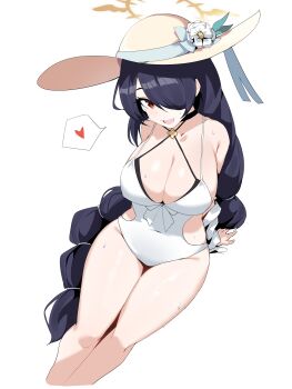 1girl absurdres black_hair blue_archive braid braided_ponytail breasts cleavage cropped_legs flower halo hat hat_flower heart highres hinata_(blue_archive) hinata_(swimsuit)_(blue_archive) large_breasts long_hair looking_at_viewer official_alternate_costume one-piece_swimsuit open_mouth plentyofempty red_eyes sideboob simple_background solo spoken_heart sun_hat sweat swimsuit very_long_hair white_background white_flower white_one-piece_swimsuit