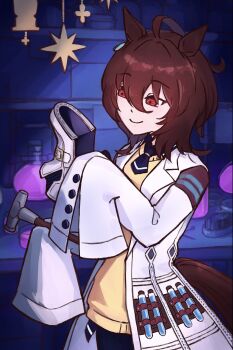 1girl 253_bcl_24282 agnes_tachyon_(umamusume) ahoge animal_ears black_necktie black_shirt boots closed_mouth coat collared_shirt cork ear_ornament earrings flask hair_between_eyes hammer hem_peeking_out highres holding holding_boots holding_footwear holding_hammer holding_unworn_clothes horse_ears horse_girl horse_tail huge_ahoge jewelry lab_coat medium_hair necktie red_eyes round-bottom_flask shirt short_necktie single_earring sleeves_past_fingers sleeves_past_wrists smile solo sweater tail test_tube umamusume unworn_boots white_coat wolf_cut yellow_sweater