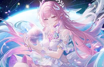 1girl aqua_hair armlet bare_shoulders breasts closed_mouth commentary cyrene_(honkai:_star_rail) cyrene_(ripples_of_past_reverie)_(honkai:_star_rail) diamond-shaped_pupils diamond_(shape) dress earrings floating_hair flower fractalmagnolia gradient_hair hair_flower hair_intakes hair_ornament halo hands_up highres holding_planet honkai:_star_rail honkai_(series) jewelry large_breasts long_hair looking_at_object multicolored_hair nail_polish pink_hair pink_nails pink_petals pointy_ears purple_eyes sidelocks sky smile solo space star_(sky) starry_sky symbol-shaped_pupils very_long_hair white_dress