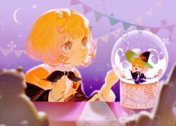 2girls ahoge aqua_eyes beads bell blonde_hair blurry blush bunting cardigan commentary commission depth_of_field english_commentary glasses hair_beads hair_ornament hat highres in_snow_globe jacket jacket_partially_removed jingle_bell meimei1757451 millie_parfait millie_parfait_(1st_costume) mini_person minigirl multiple_girls neck_bell nijisanji nijisanji_en nose_blush off_shoulder orange_cardigan second-party_source short_hair sparkle stuffed_animal stuffed_toy virtual_youtuber witch_hat