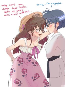 2girls belt black_belt blue_hair blush bow breasts brown_eyes brown_hair character_request cleavage collarbone commentary dougi dress english_commentary english_text glasses hand_on_own_hip hat highres kabedon long_hair looking_at_another mariadraws97 medium_breasts multiple_girls pink_bow pink_dress pink_eyes ranma_1/2 short_hair smile straw_hat white_background yuri