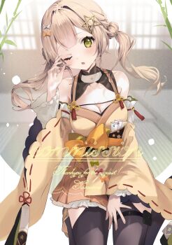 1girl bare_shoulders black_pantyhose blush breasts chinese_knot cleavage cleavage_cutout clothing_cutout commission frills hand_on_own_thigh hand_up hexagram_hair_ornament highres long_hair long_sleeves looking_at_viewer medium_breasts nekojita_(ika_neko46) one_eye_closed pantyhose pantyhose_cutout parted_lips sarutobi_sana twintails unifee virtual_youtuber yellow_eyes