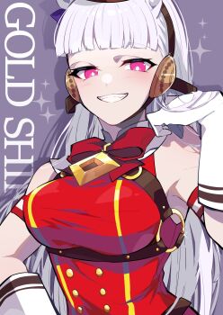 1girl absurdres animal_ears blunt_bangs breasts bright_pupils character_name commentary_request eyelashes glint gloves gold_ship_(umamusume) grey_hair grin highres horse_ears horse_girl large_breasts long_hair looking_at_viewer nekoma_hikaru o-ring pink_eyes purple_background red_ribbon ribbon smile solo sparkle umamusume upper_body white_gloves white_pupils