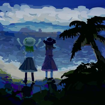 Rule 34 | 2girls, arms up, beach, black hat, blonde hair, blue shirt, blue sky, bow, bumi35903802, cloud, commentary request, from behind, full body, hat, hat bow, highres, long hair, maribel hearn, multiple girls, muted color, no lineart, ocean, outdoors, outstretched arms, palm tree, pleated skirt, purple skirt, purple vest, shirt, skirt, sky, standing, straw hat, touhou, tree, usami sumireko, vest, wide shot